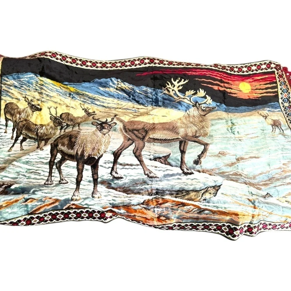 VTG 70's Reindeer Caribou Elk Velveteen Christmas Cabin Tapestry Decor BIG
